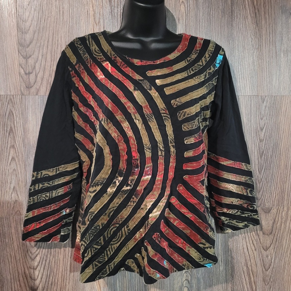 Parsley & Sage Applique Top Size M Black Multi Round Neck 3/4 Slv Art to Wear
